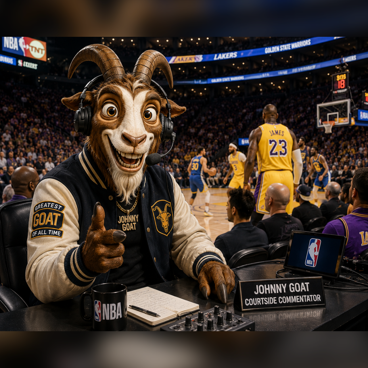Greatest of all time Johhny Goat does the NBA courtside.